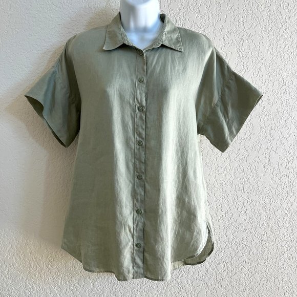 Lauren Ralph Lauren Linen Blouse Top M Short Sleeve Tan Beige Cuffable Lagenlook - Picture 1 of 11